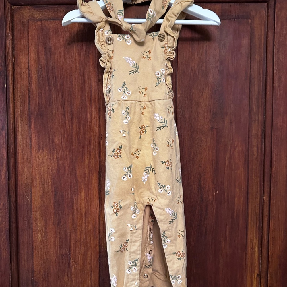 Carter's Mustard Overalls with Ruffled Straps and Headband
